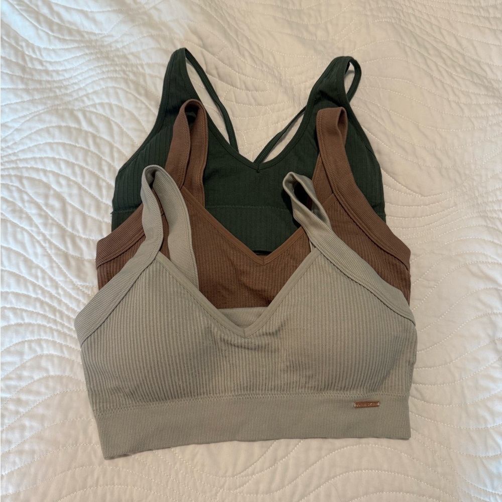Danskin Set of Three Ribbed Bralettes in Green, Brown, and Gray
